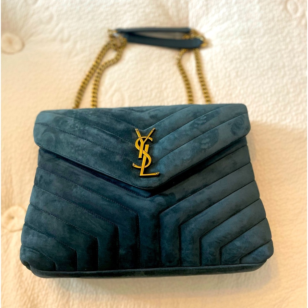 Saint Laurent YSL Medium Lou Suede Shoulder Bag in Teal/Algae Brand New